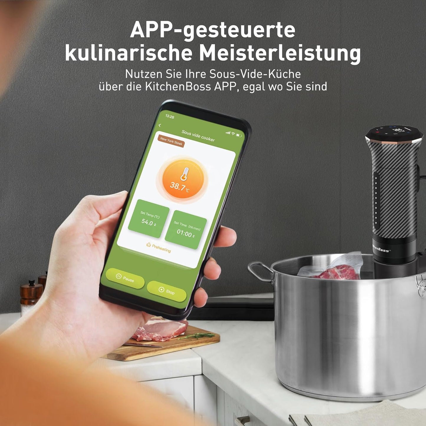 KitchenBoss Sous Vide Garer Stick WiFi：Sous Vide Stab Wi-Fi Präzisionskocher Immersion Tauchzikulator App-Steuerung IPX7 Wasserdicht Ultra-leise LED Touch Display 1100W 40℃-90℃