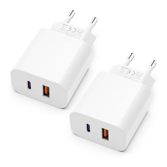 USB C Charger 25 W with USB Adapter [2 in 1] Pack of 2 Charging Adapters for iPhone/iPad/Headphones/Mobile Phone Power Supply Multiple Charging Plug PD 3.0 Quick Charger Socket USB Plug Charger
