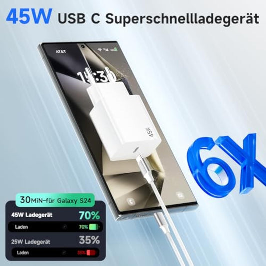 45 W USB C Charger Fast Charger for Samsang Galaxy S25/S24/S23/S22 Ultra/Note 20/10/S10/S9/S8/A73/A56/A55 PPS Super Fast Charging for iPhone 16/16 Pro/15/15 Pro Max with USB C Charging Cable 2 m