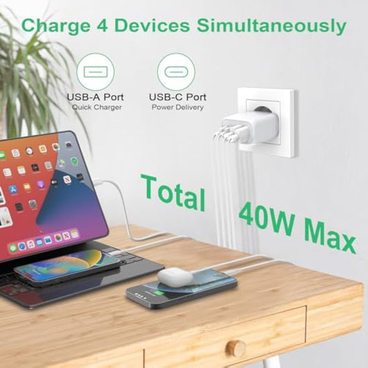 40W USB C Charger, Gcstnn Fast Charger 4 Port PD3.0 QC3.0 USB C Charging Plug for iPhone 15 Plus 14 Pro Max 13 Pro 12 Mini 11 SE XS XR 8, Samsung, Xiaomi Mobile Phone Charger