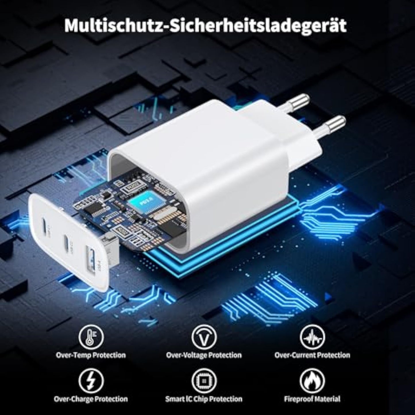 USB C Charger Adapter Power Supply 3 Ports Multiple Plug with USBC and USB A, 40 W Multiport Mobile Phone Quick Charger Charging Plug for iPhone 16 15 14 13 12 11 Plus Pro Max SE 2020 XS XR 8 7,