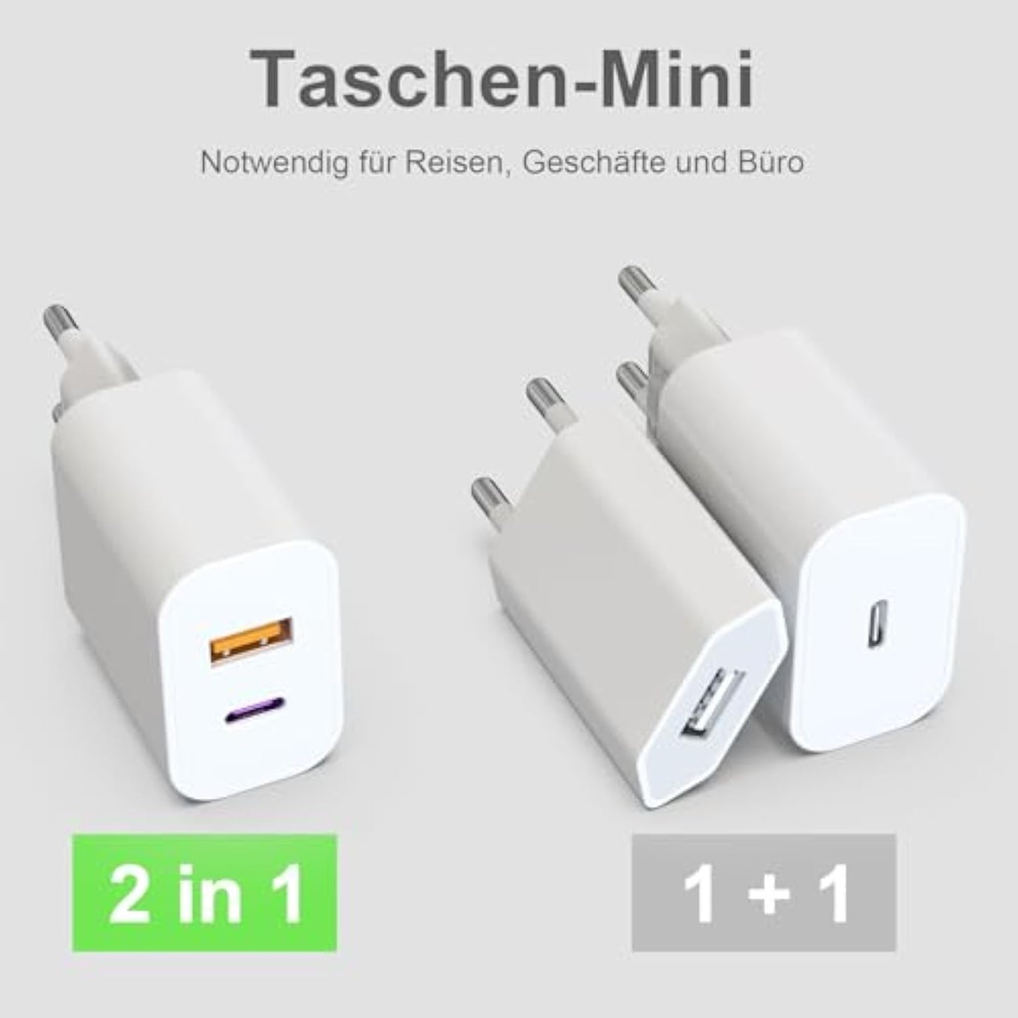 USB C Charger 25 W with USB Adapter [2 in 1] Pack of 2 Charging Adapters for iPhone/iPad/Headphones/Mobile Phone Power Supply Multiple Charging Plug PD 3.0 Quick Charger Socket USB Plug Charger